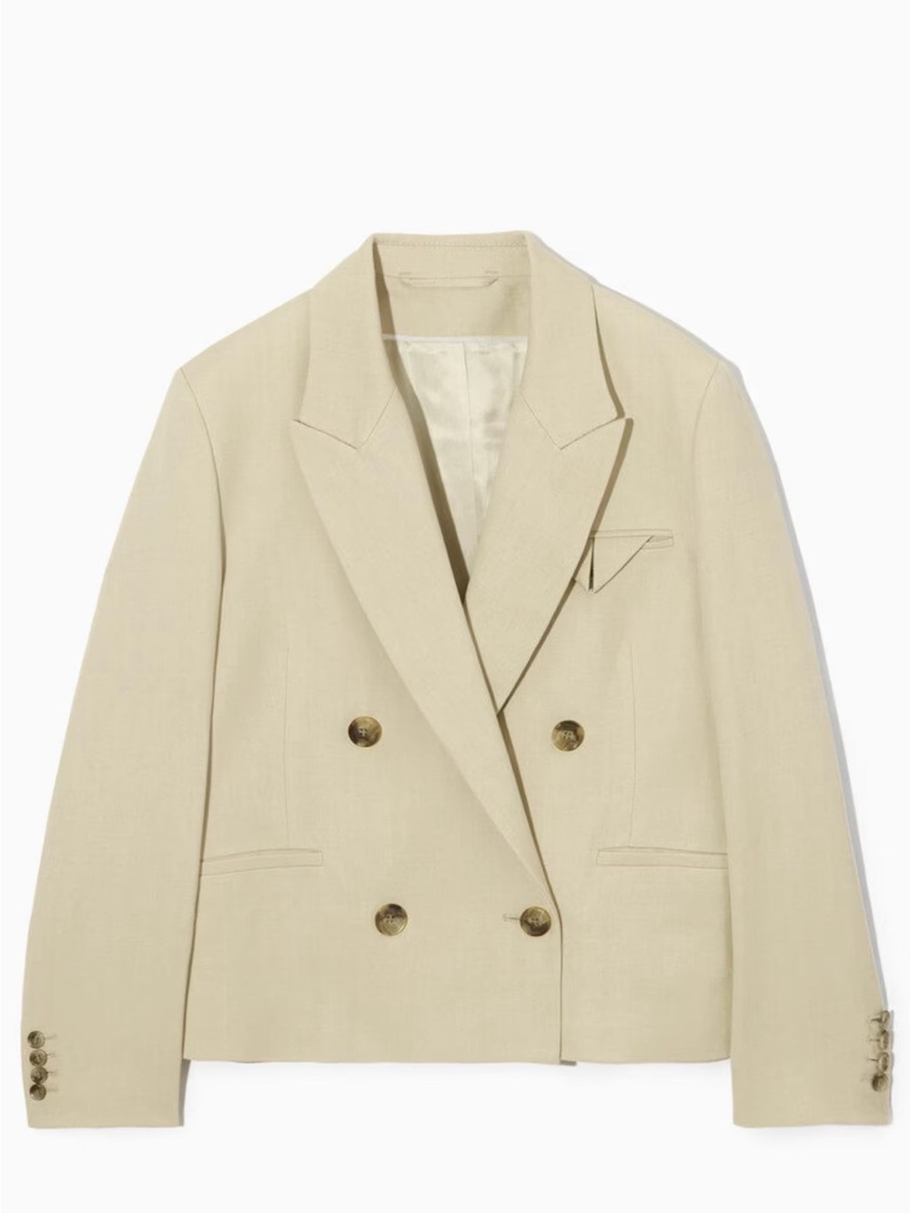 COS Cropped Double-Breasted Blazer in Light Beige linen blend. Size 14